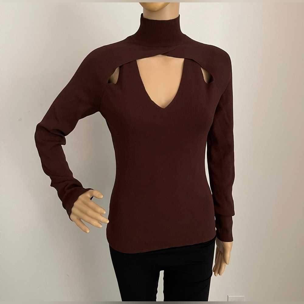Elegant Brown Cutout Turtleneck Vintage Sweater